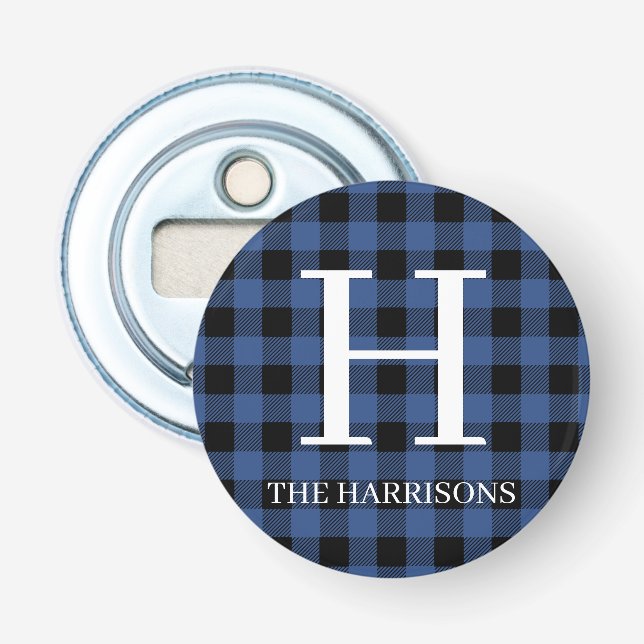 Black White Buffalo Plaid Monogram Holiday Bottle Opener (Front)