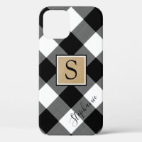 Black White Buffalo Plaid Monogram Script Name
