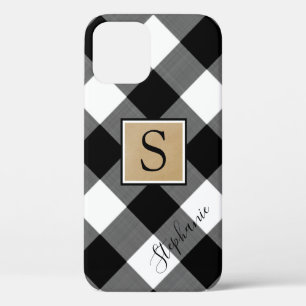 Black White Buffalo Plaid Monogram Script Name iPhone 12 Case