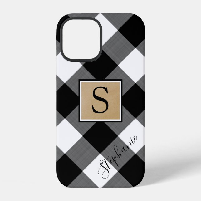 Black White Buffalo Plaid Monogram Script Name iPhone Case (Back)