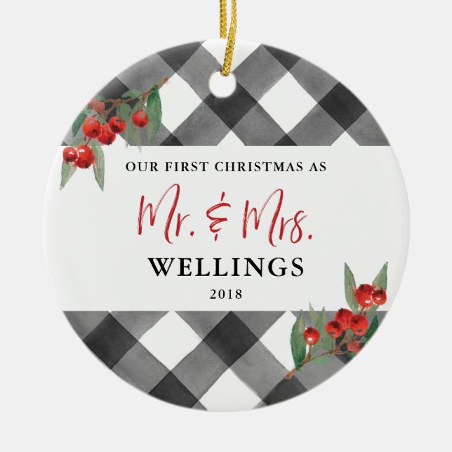Black & White Buffalo Plaid Newlywed Mr and Mrs Ceramic Tree Decoration (Front)