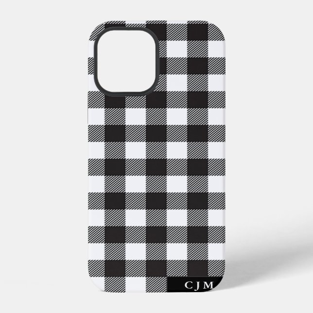 Black White Buffalo Plaid Pattern Monogram Rustic iPhone Case (Back)