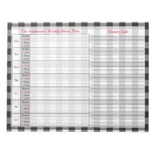 Black White Buffalo Plaid Personalised Menu Plan Notepad