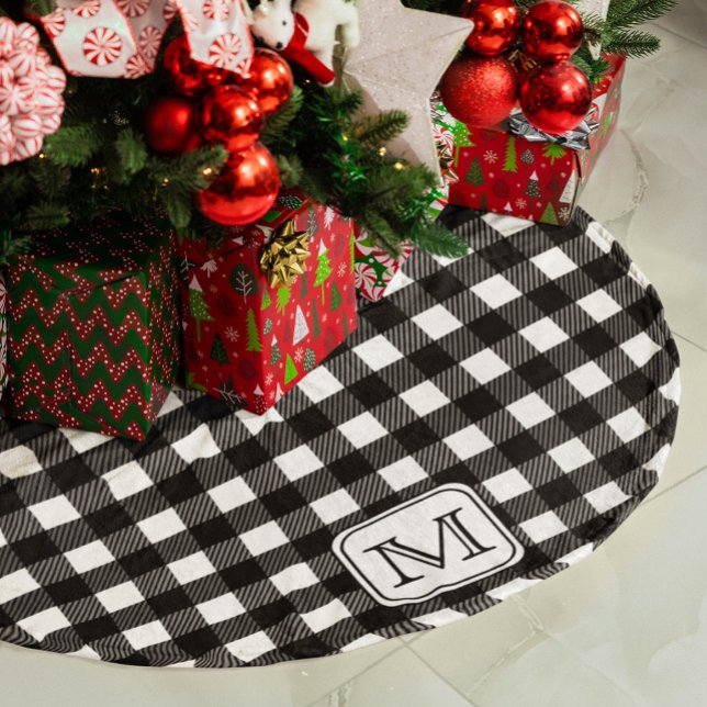 Black White Buffalo Plaid Personalised Monogram Brushed Polyester Tree Skirt (Creator Uploaded)