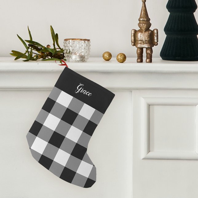 Black & White Buffalo Plaid Personalised Small Christmas Stocking (Creator Uploaded)