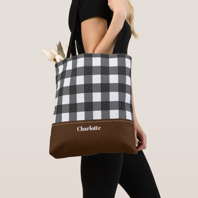 Black White Buffalo Plaid Personalised Tote Bag (Close Up)