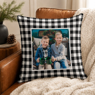 Black White Buffalo Plaid Photo Christmas Cushion