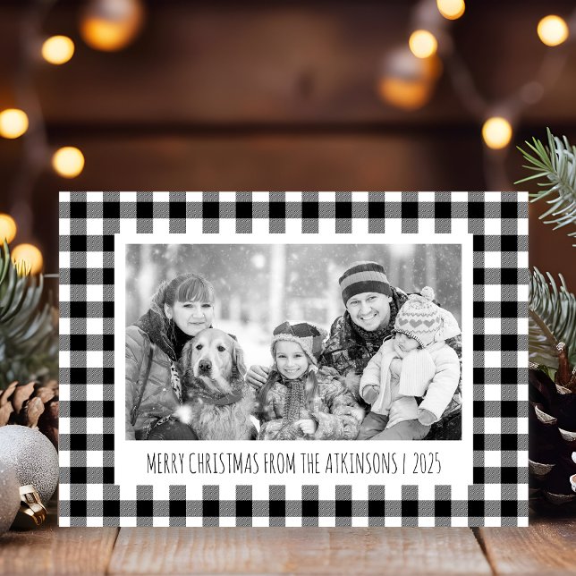 Black & White Buffalo Plaid Photo Christmas Holiday Card (Creator Uploaded)