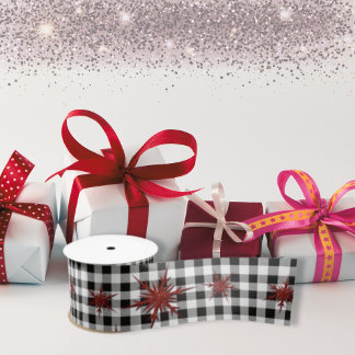 Black White Buffalo Plaid Red Glitter Snowflakes Satin Ribbon