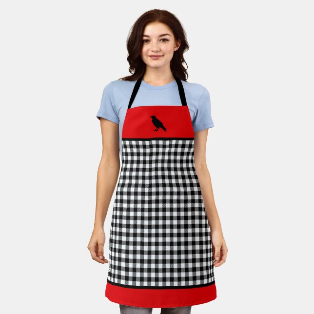 Black & White Buffalo Plaid Red Trim Black Crow Apron (Worn)