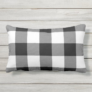 Black White Buffalo Plaid Rustic Fall Outdoor Lumbar Cushion