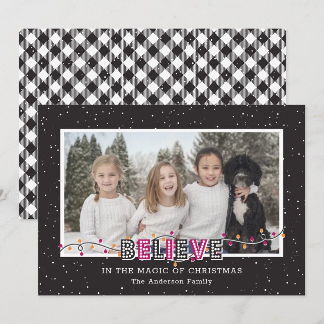 Black White Buffalo Plaid Snow Pink Believe Photo Holiday Card (Front/Back)