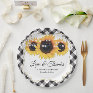 Black White Buffalo Plaid Sunflower Floral Wedding Paper Plate