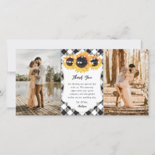 Black White Buffalo Plaid Sunflower Wedding Photo Thank You Card