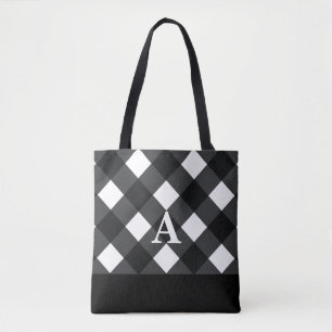 Black white buffalo plaid tote bag with initial(s)