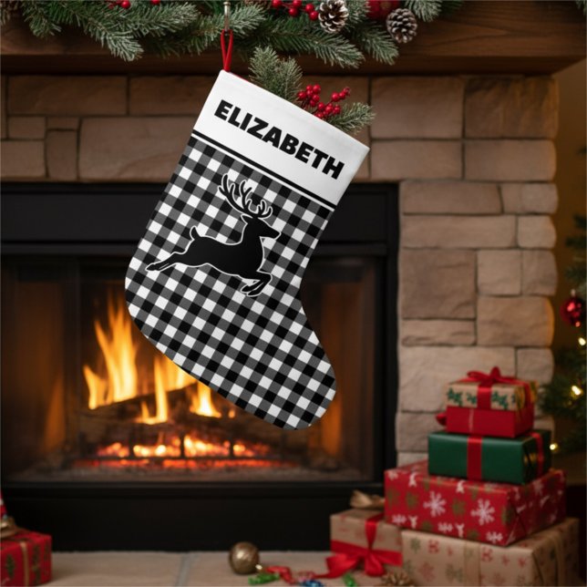 Black & White Buffalo Plaid with Reindeer Custom Large Christmas Stocking (Creator Uploaded)