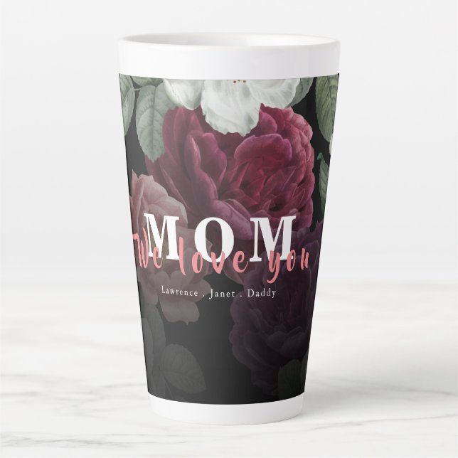Black White Burgundy Floral Custom Monogram Love Latte Mug (Front)