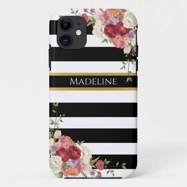 Black White Burgundy Floral Gold | Striped Case-Mate iPhone Case (Back)