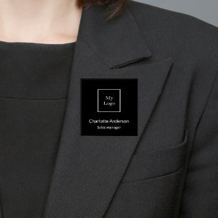 Black white business logo empoyee name tag 15 cm square badge