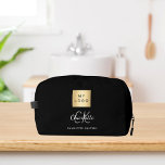 Black white business logo name monogram dopp kit<br><div class="desc">Black background,  white and grey text. Personalise and add your business logo,  first name,  monogram initials and full name.</div>