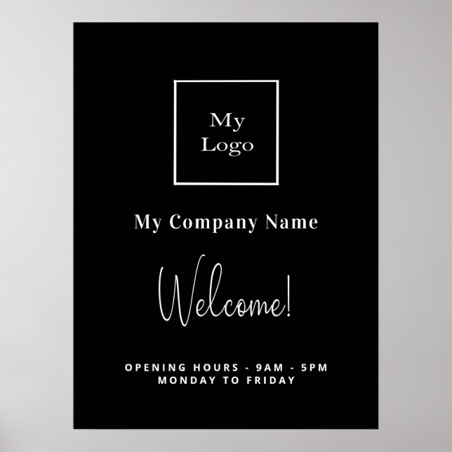 Black white business logo name opening hours poster (Front)