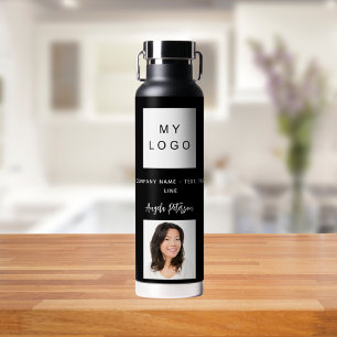 Black white business logo name signature photo water bottle