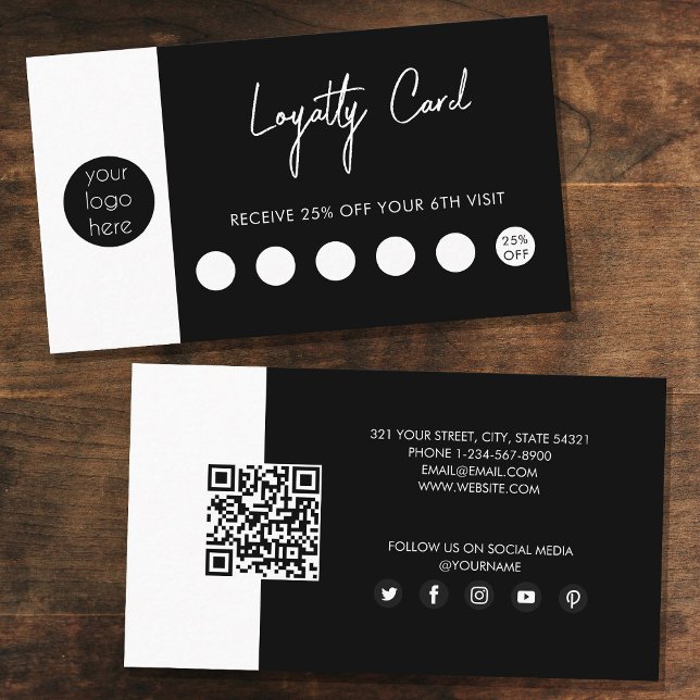 Black White Business Logo QR Code Loyalty  Business Card (Creator Uploaded)