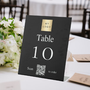 Black white business logo QR code table number Pedestal Sign