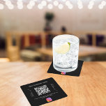 Black white business name qr code instagram square paper coaster<br><div class="desc">A stylish,  classic black background. Personalise and add your business name,  your own qr code to your Instagram account and a text.  white text.  With the text x2: Follow us!</div>