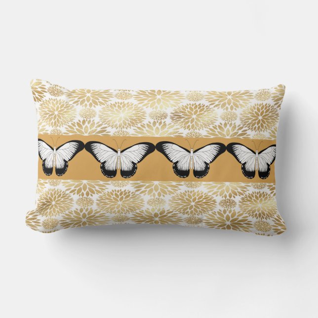 Black & White Butterflies & Faux Gold Flowers Lumbar Cushion (Front)