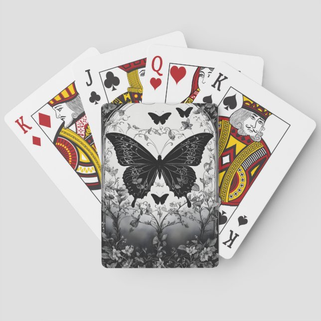 Black & White Butterflies Floral Goth Playing Cards (Back)
