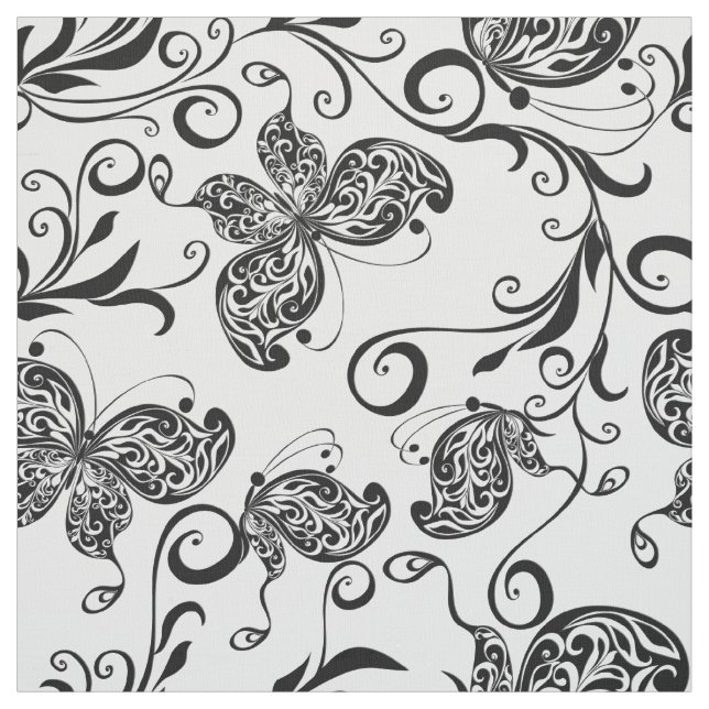 Black & White Butterflies & Flowers Pattern Fabric (Swatch)