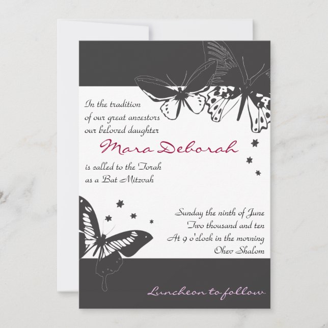 BLACK & WHITE BUTTERFLY Bat Mitzvah Invitation (Front)