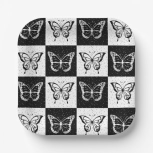 Black White Butterfly Chequered Block Print Paper Plate