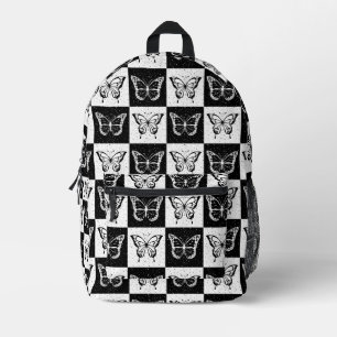 Black White Butterfly Chequered Block Print Printed Backpack