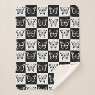 Black White Butterfly Chequered Block Print Sherpa Blanket