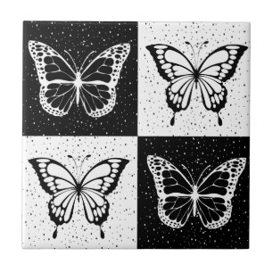 Black White Butterfly Chequered Block Print Tile