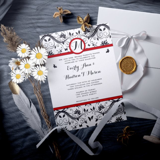 Black & White Butterfly Damask Red Trim Wedding Invitation (Creator Uploaded)