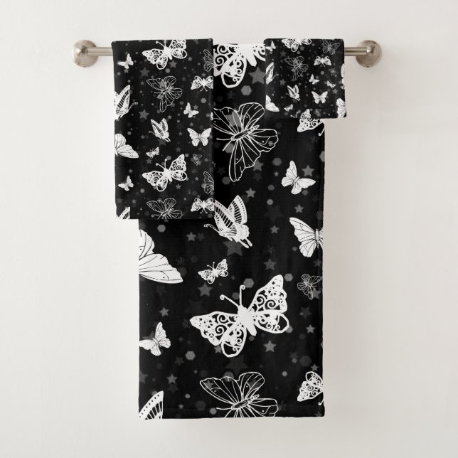 Black White Butterfly Illustration Pattern Design Bath Towel Set (Insitu)
