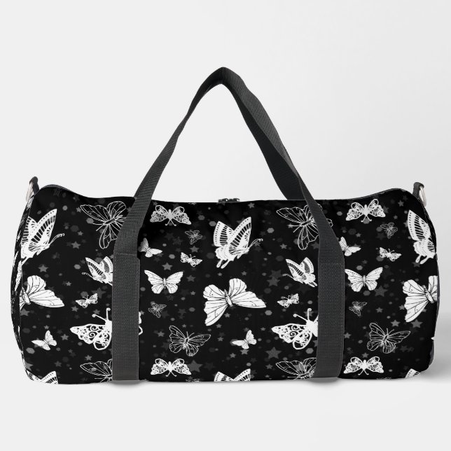 Black White Butterfly Illustration Pattern Design Duffle Bag (Front)
