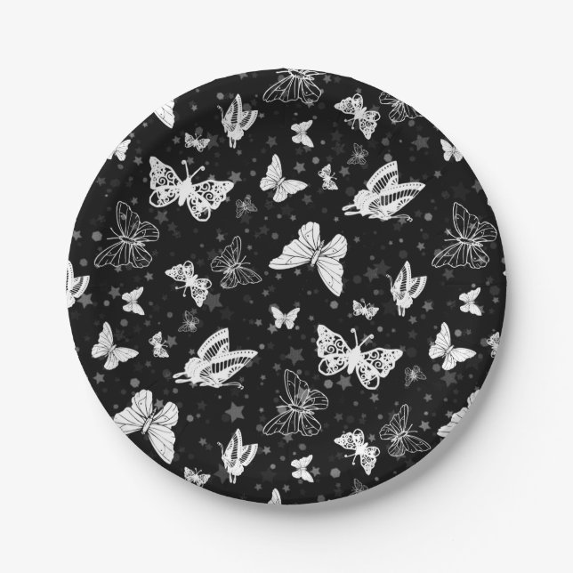 Black White Butterfly Illustration Pattern Design Paper Plate (Front)