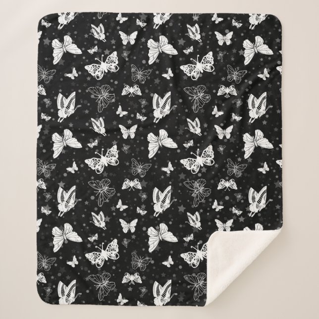 Black White Butterfly Illustration Pattern Design Sherpa Blanket (Front)