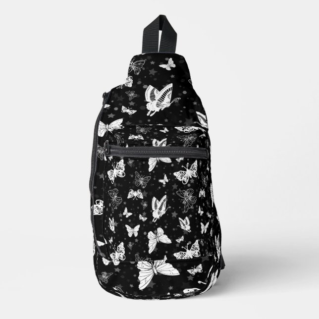 Black White Butterfly Illustration Pattern Design Sling Bag (Front)