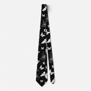 Black White Butterfly Illustration Pattern Design Tie