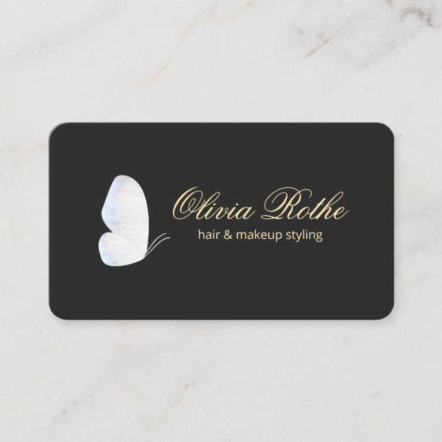 Black White Butterfly Makeup and Hair Stylist Business Card (Front)