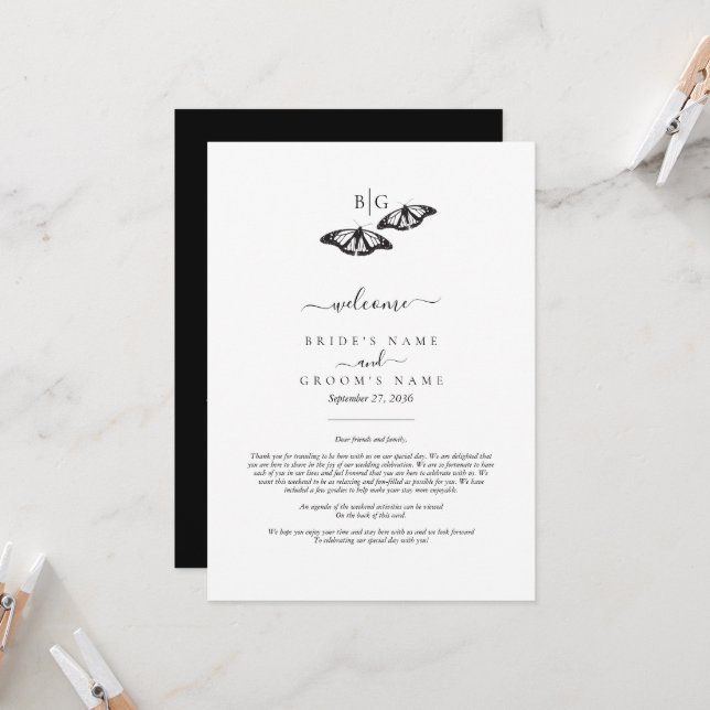Black White Butterfly Monogram Wedding Itinerary (Front/Back In Situ)