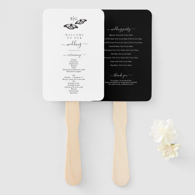 Black White Butterfly Monogram Wedding Program Hand Fan (Front and Back)