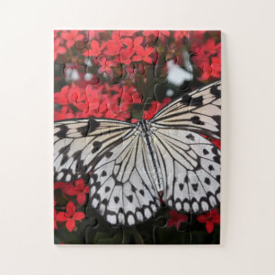 Black & White Butterfly on Red Flowers Jigsaw Puzzle