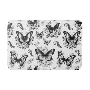 Black White Butterfly Pattern Bath Mat