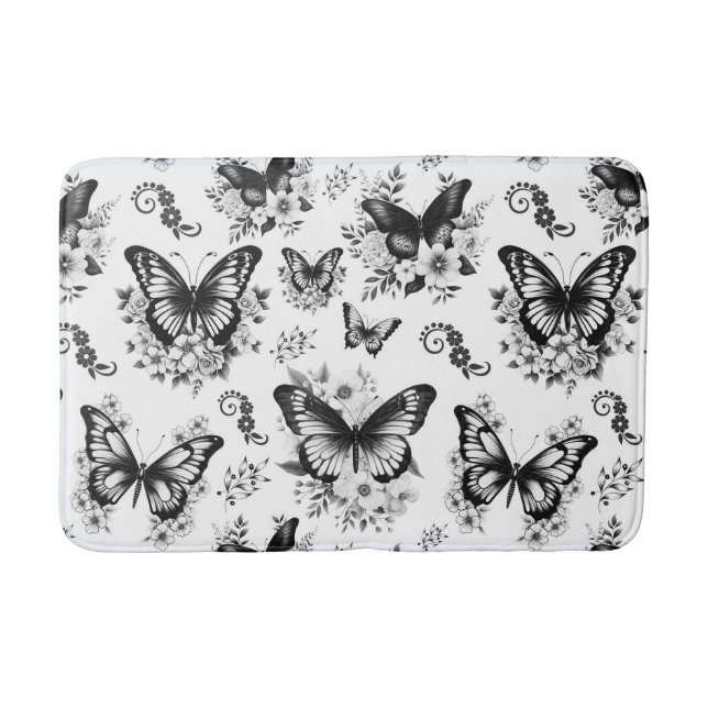 Black White Butterfly Pattern Bath Mat (Front)